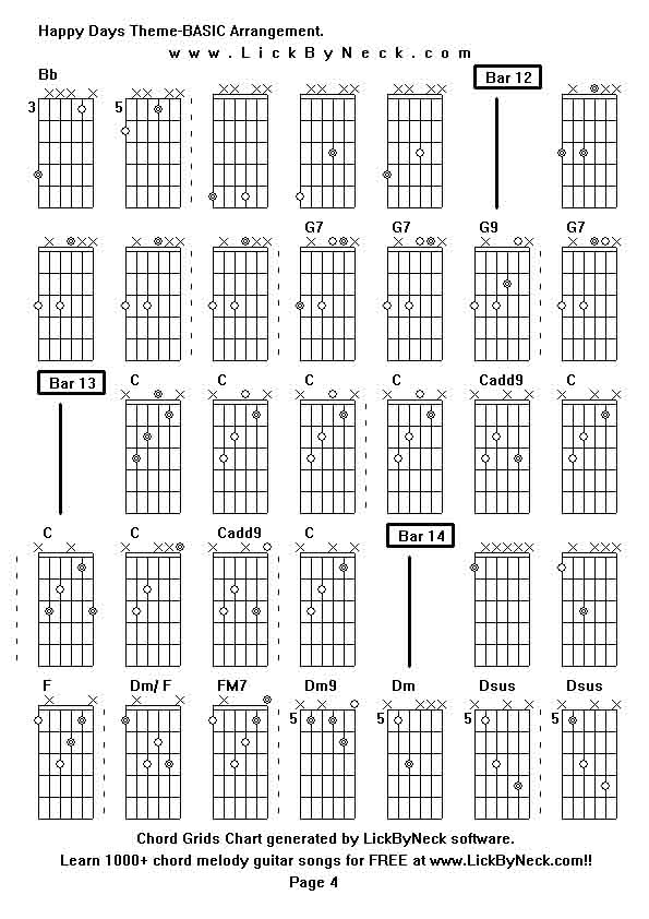 Chord Grids Chart of chord melody fingerstyle guitar song-Happy Days Theme-BASIC Arrangement,generated by LickByNeck software.